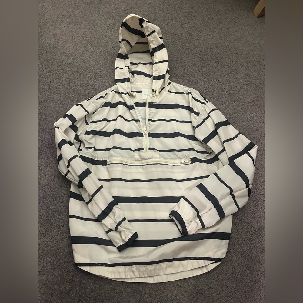 White and blue striped wind breaker. Size small. Thread and supply.
